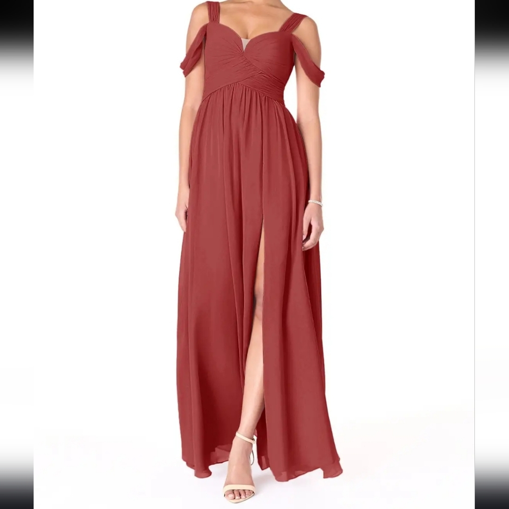 🌷🩵Azazie Lianne Rust A-Line Off the Shoulder Chiffon Dress